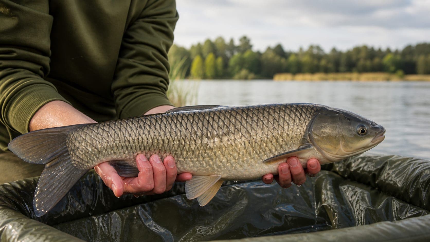 Amur biały trzymany poziomo nad matą karpiową