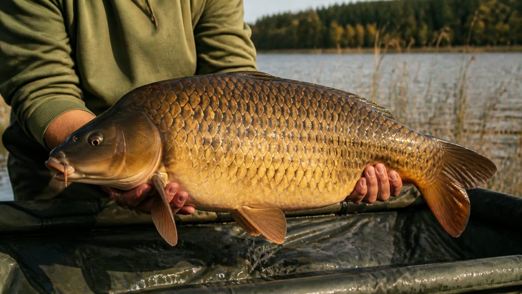 Duży karp łuskowy trzymany oburącz nad matą karpiową