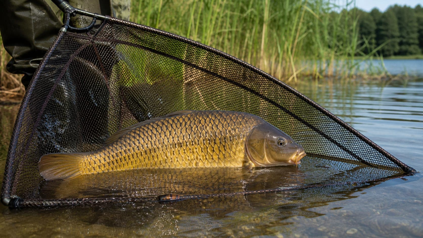 Karp w podbieraku częściowo zanurzonym w wodzie przy brzegu